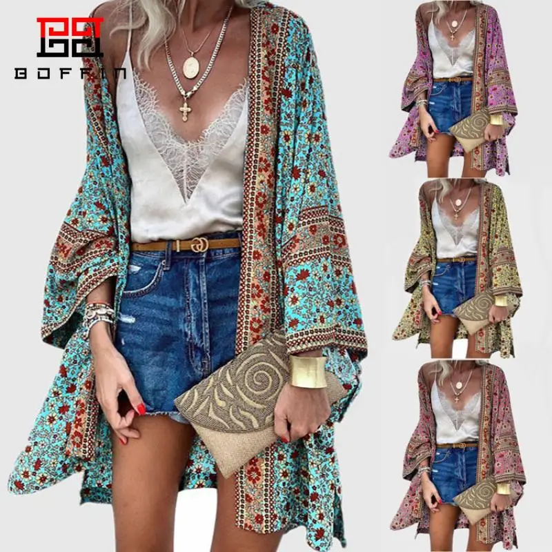

Boffin Women Bohemian Cover-Ups Swimwearv Summer Loose Sleeve Printed Long Cardigan Sarong Beach Wear Kimonos Mujer Cover Up