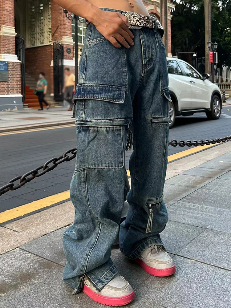 Retro Loose Washable Jeans for Men Y2K Large Pocket Straight Sleeve Jeans Baggy Wide Leg Zipper Hip Hop Casual Pants Floor