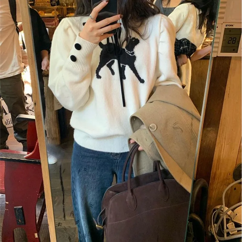 Свитер Ezgaga женский пуловер с рисунком кота и бантом осень-зима круглым вырезом