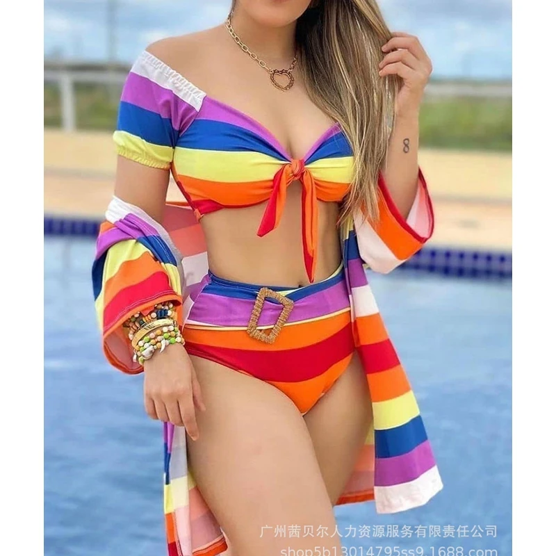 

Women Sexy Bikini Three-Piece Suit Summer Slash Neck Swimsuit High Waist Swimming Trunks Long Sleeve Cardigan Robe Suit Beach