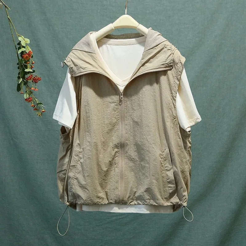 Женская Свободная безрукавка с капюшоном тонкая в Корейском стиле лето 2024