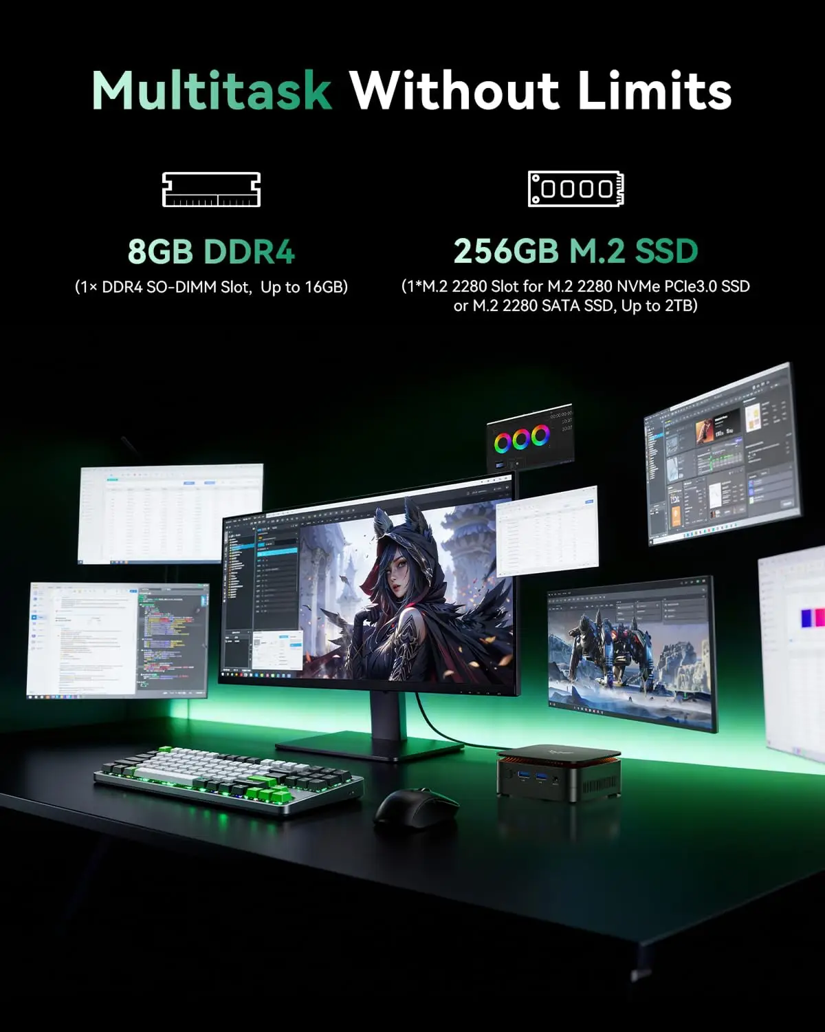 Фото Мини-ПК ACEMAGIC на базе AMD 3150U (2 ядра/4 потока, до 3.3 ГГц), 8 ГБ DDR4, 256 ГБ SSD, Windows 11 Pro, с двумя выходами 4K HDMI+DP, компактный настольный компьютер №4