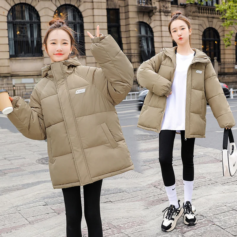 2022 Women's Winter Jacket Streetwear Hooded Solid Color Padded Coat Warm Female Parkas Black Winter Women Clothing