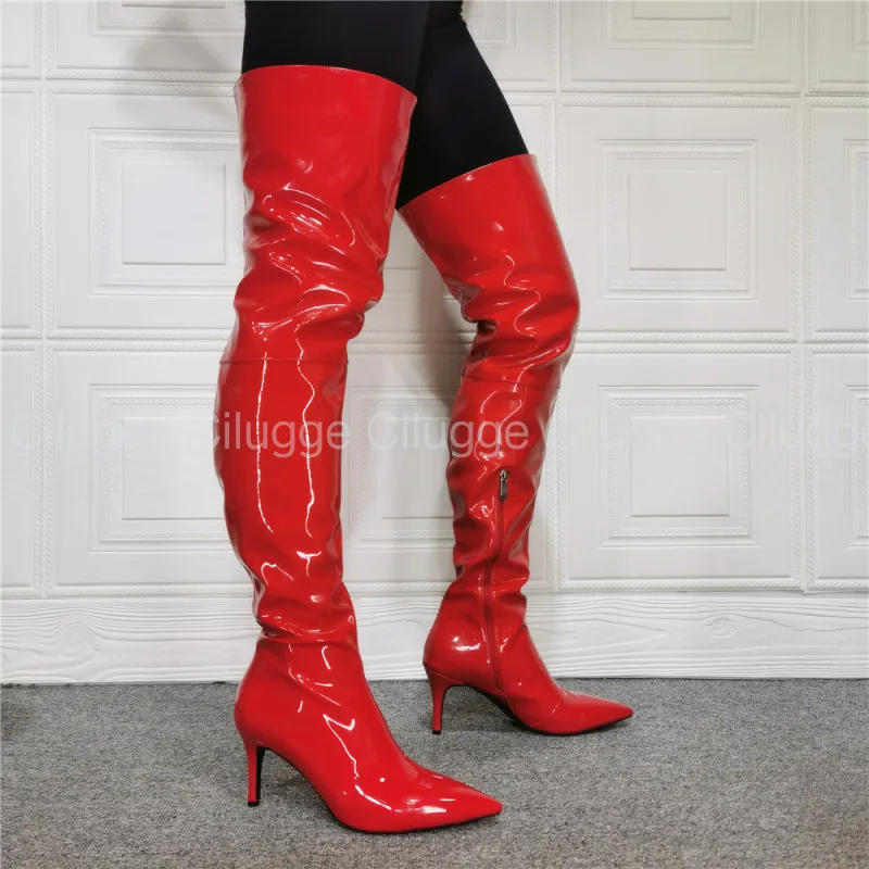 

Termainoov Autumn Winter Patent Leather Pleated Women Boots Zipper Pointed Toe Thin Heels Over-the-knee Boots Thigh High Bootie