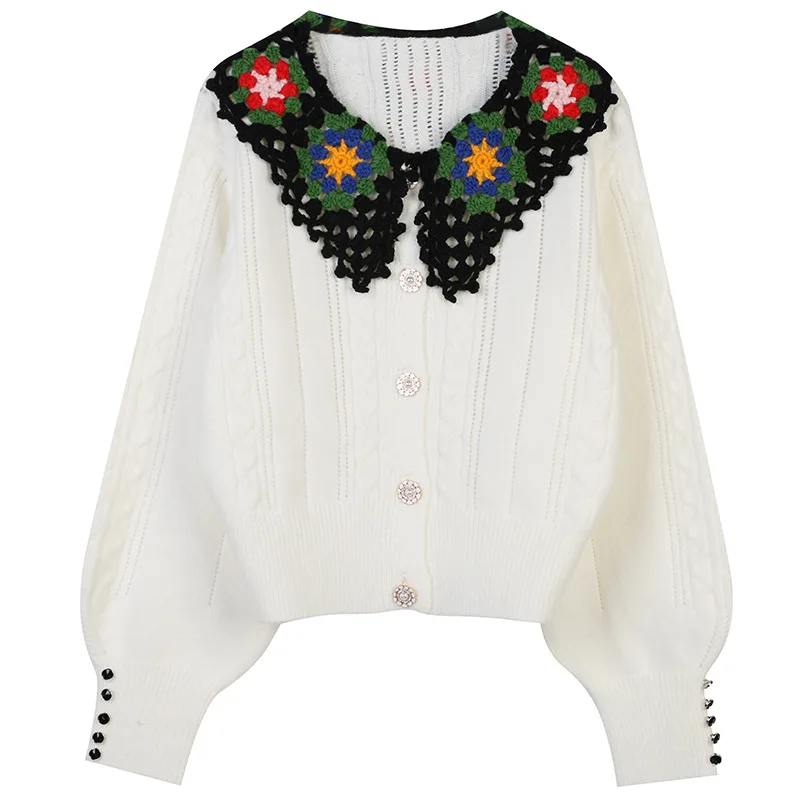 

French Women Sweater Milk White 2022 Spring New Sweet Doll Collar Retro Hook Flower Loose Coat Cute Retro Knitted Cardigan