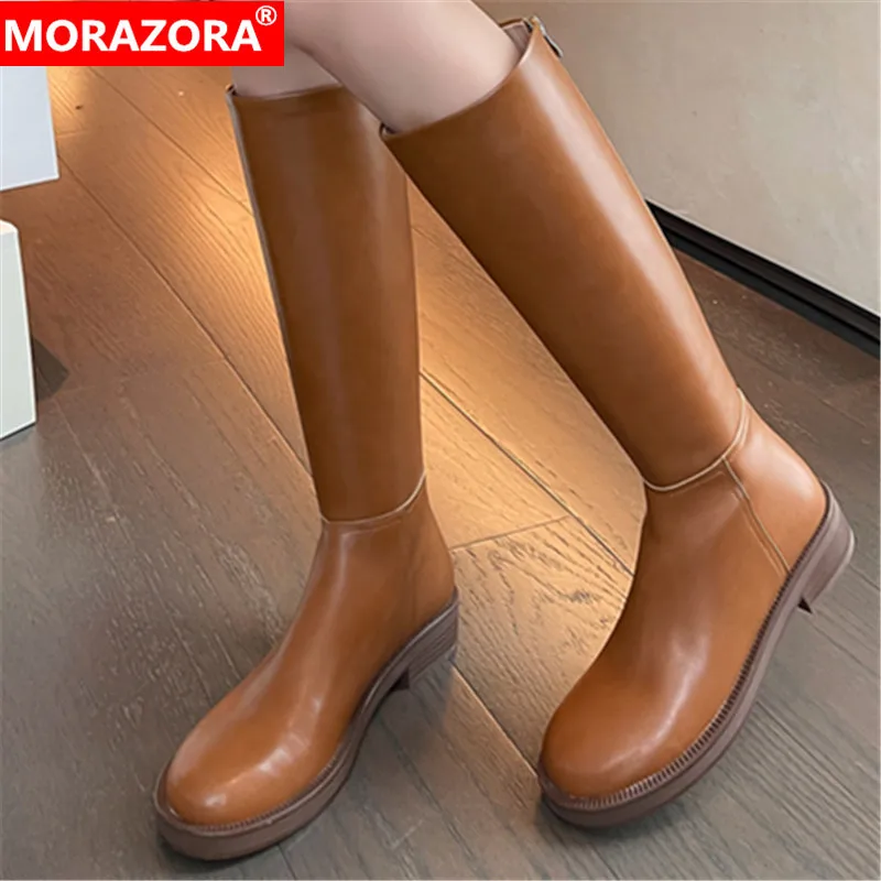 

MORAZORA 2023 New Zipper Thick Med Heels Platform Shoes Ladies Genuine Leather Winter Women Boots Knee High Boots