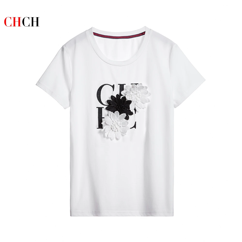

CHCH 2023 Summer Fashion Women Letter Embroidery Luxury T-shirt Short Sleeved T-shirts Fashion Causal Female Y2K Tops Tee