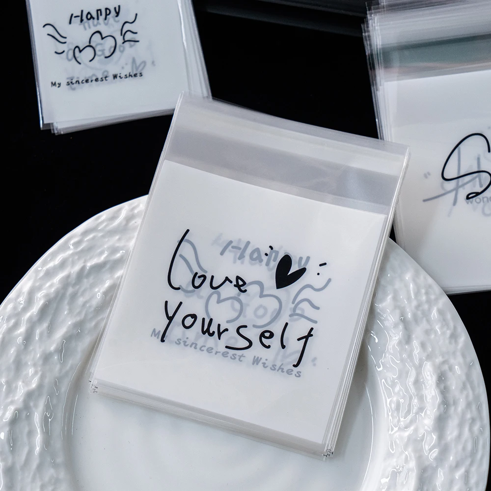 Самоклеящиеся прозрачные пакеты для печенья с английскими буквами оптом 100 шт.