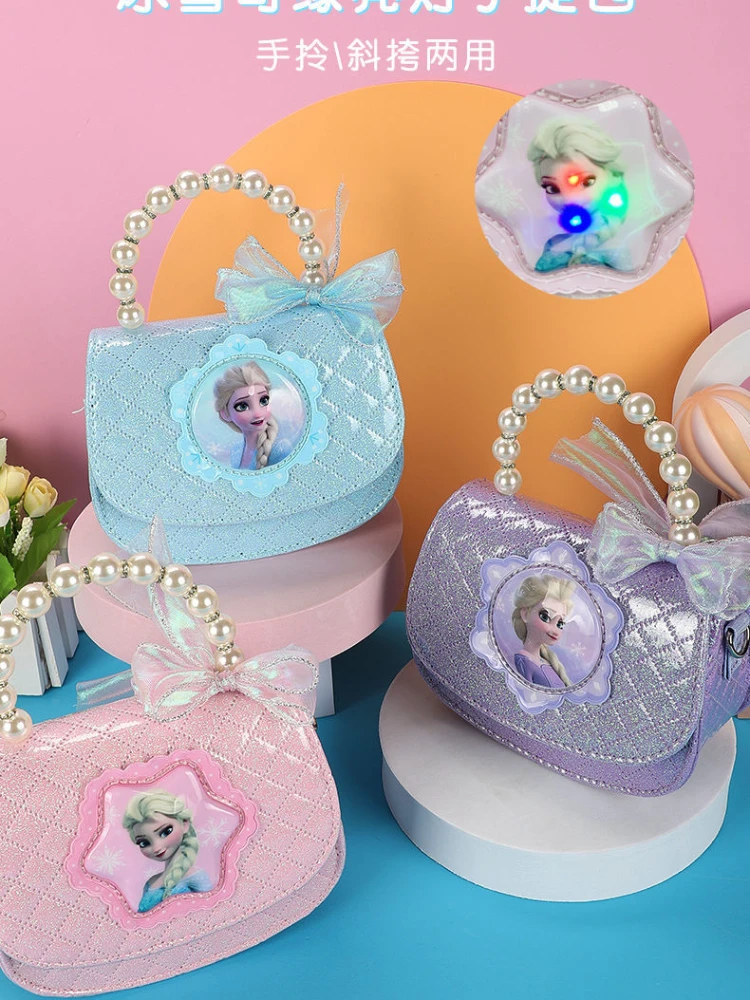 Disney Elsa Princess New PU Children's Cartoon Anime Sweet Messenger Bag Going Out Portable Elegant Pearl Bow Ribbon Handbag