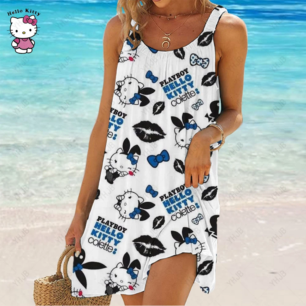 

Женское мини-платье с принтом Hello Kitty, повседневное свободное платье на бретелях с высокой талией и открытой спиной, лето 2023