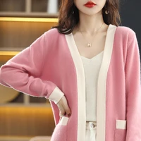 2022 spring and autumn new cashmere cardigan womens v neck mid length all match knitted loose color blocking coat sweater