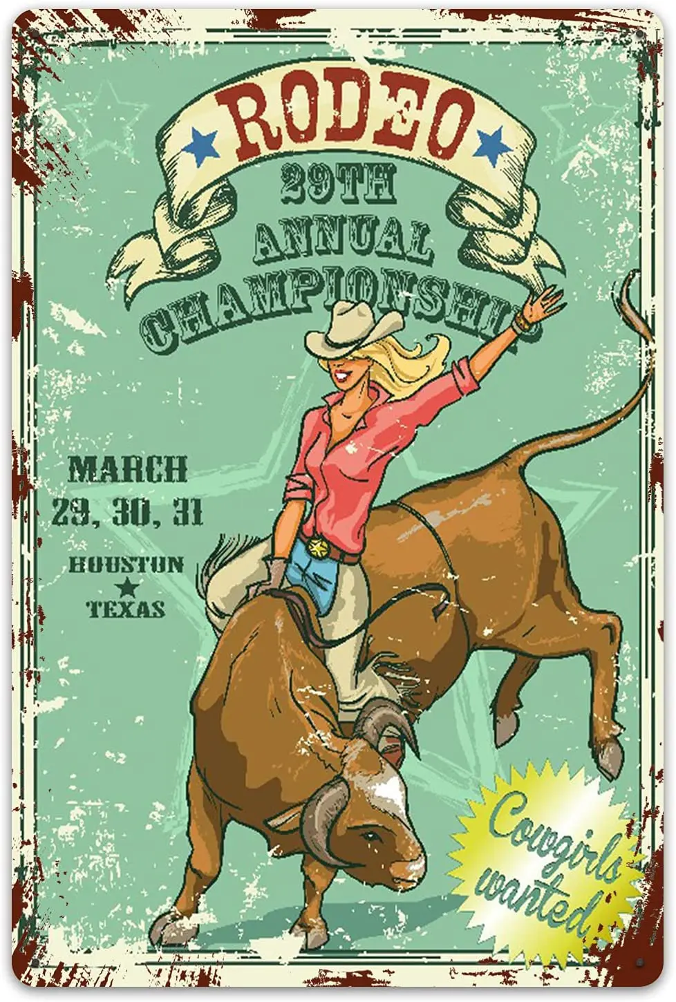 

Retro Metal Signs Rodeo Cowgirl Riding A Bull Retro Style Poster Retro Tin Sign Wall Iron Painting Wall Decor Art Plaques Poster