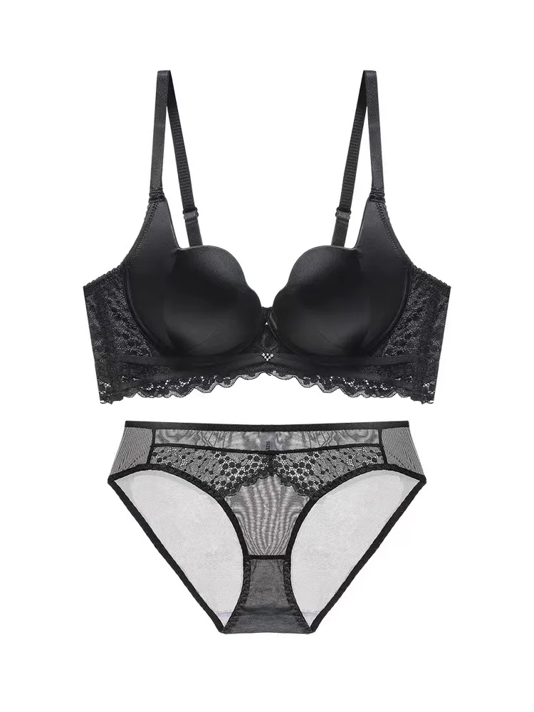 Petal cup bra and panty set thin cup bralette gathered brassiere with no mark finished with creamy white black girl underwear