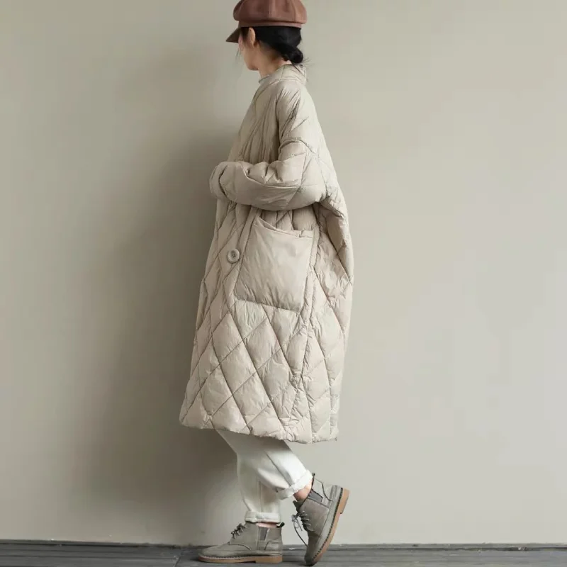 Women Loose Warm Down Jacket Stand Collar Solid Color Pressing Line Grid In Long Style White Duck Down Coat