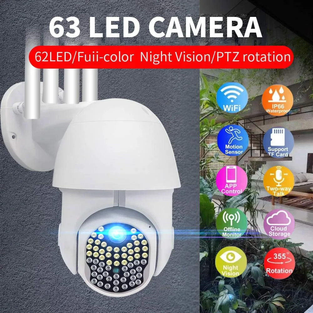 

1080P Wifi Camera PTZ IP Dome Camera Video Surveillance Camera 63Lights LED Two-way Voice Communication Home Security Camcorders