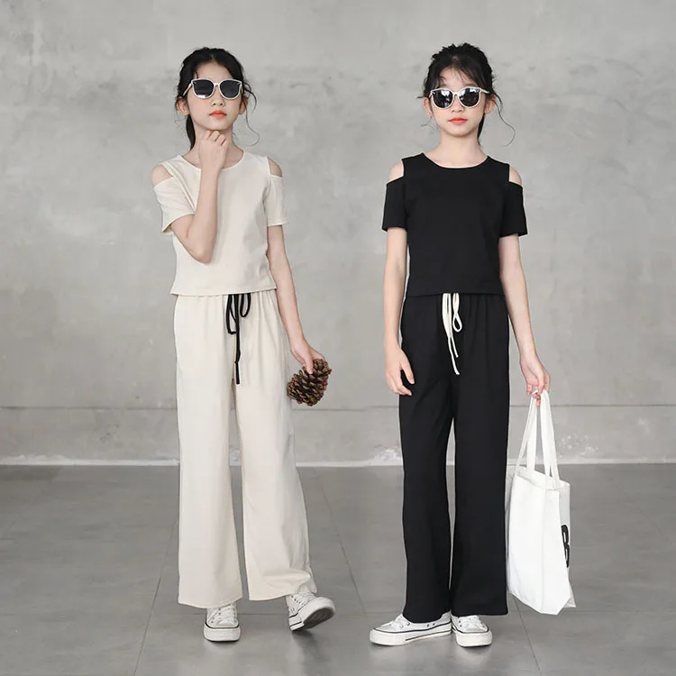 

Baby Girls Clothes Summer 2022 Girls Off-the-shoulder T-shirt + Wide-leg Pants Casual Suit Ins Cotton Two-piece Set