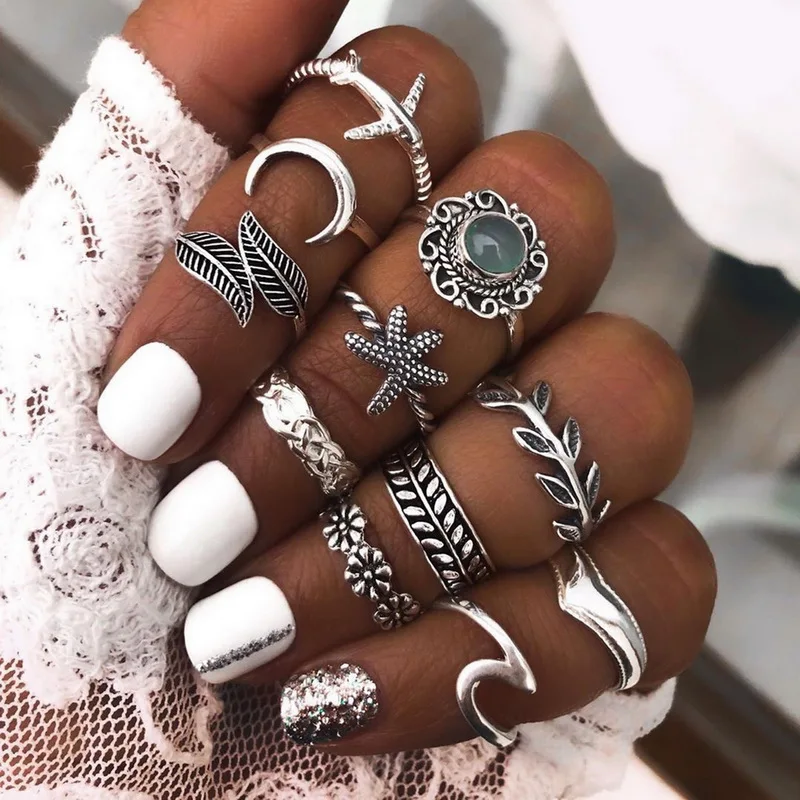 

Heart Flower Butterfly Rings Set for Women Men Retro Punk Silver Color Chain Finger Ring Jewelry