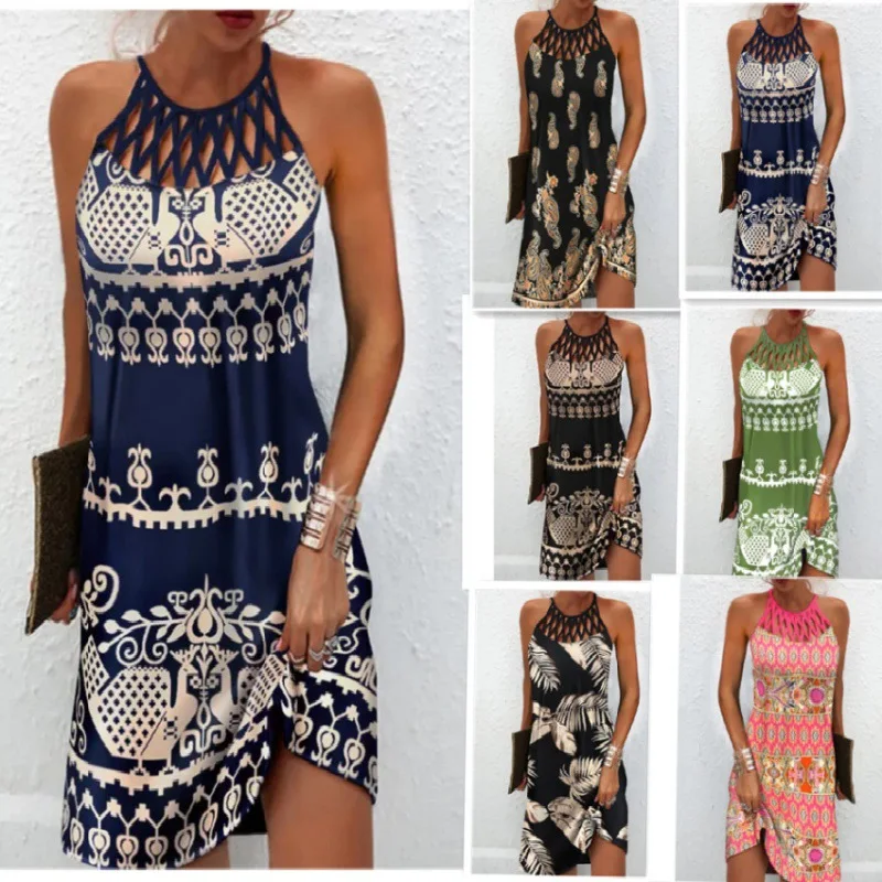 

Women Summer Sexy Hollow Print Beach Mini Dresses Vintage Boho Party Sleeveless Dress Tribal Print Cutout Beach Mini Dresses