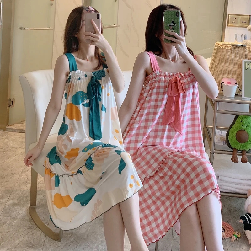 

2022 Summer Plus Size Sexy Spaghetti Strap Modal Print Nightgowns for Women Korean Sleepwear Nightdress Night Dress Home Nighty