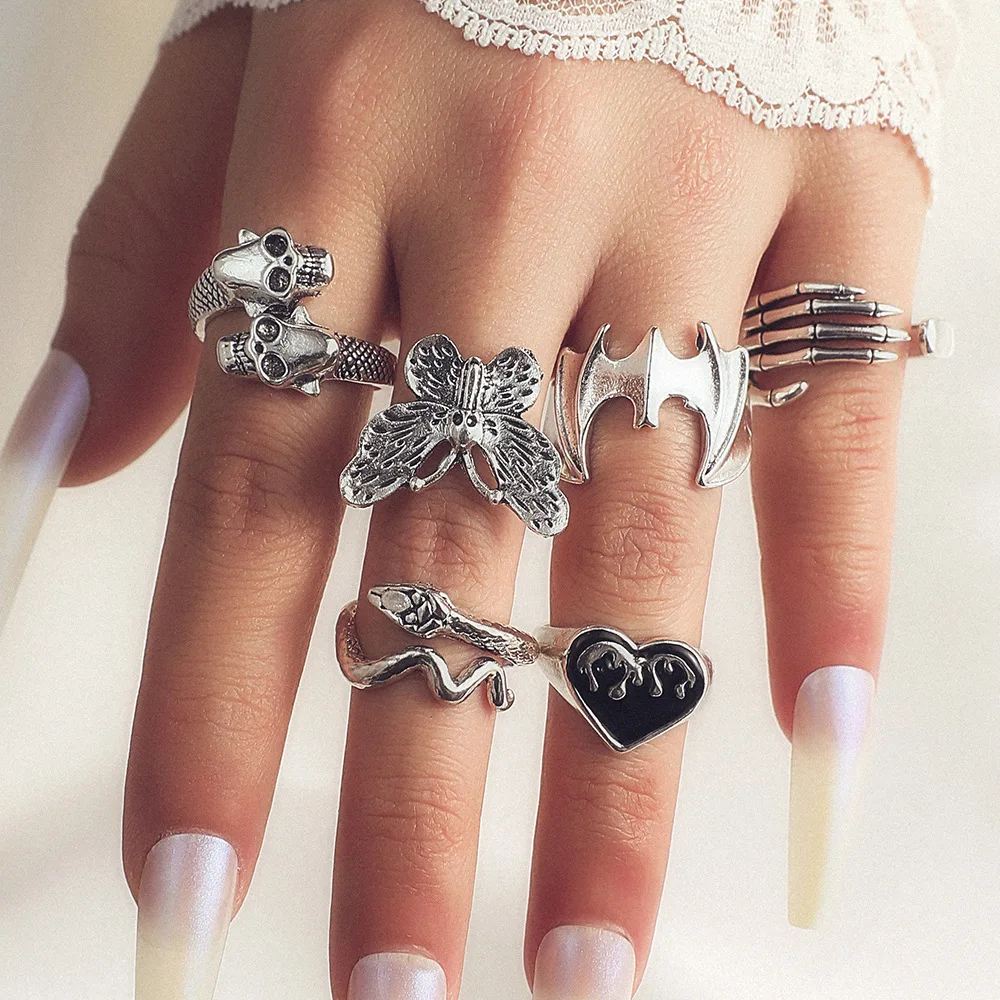 

6 Butterfly Bat Snake Love Hand Women's Rings ins Exaggerate Trend Hip Hop Vintage Ring Y2K Open Jewelry Gift Bohemian Style