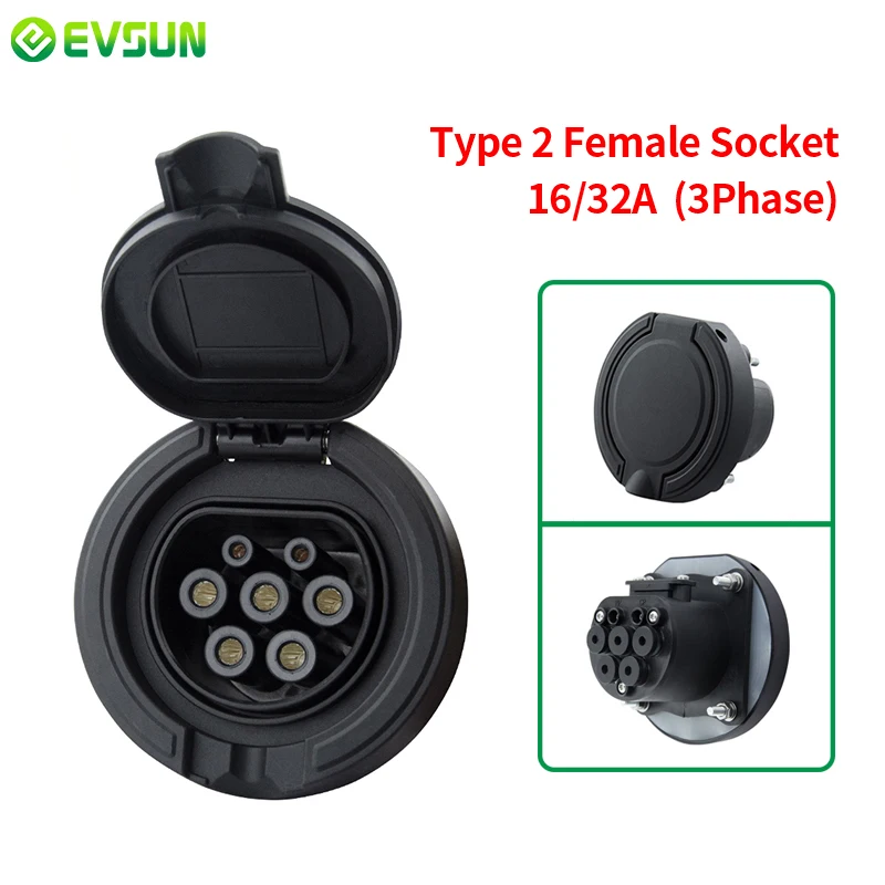 EVSUN Type 2 Female Socket Connector Outlet IEC 62196-2 16/32A 3 Phase 4 Point Fixed AC EV Charging