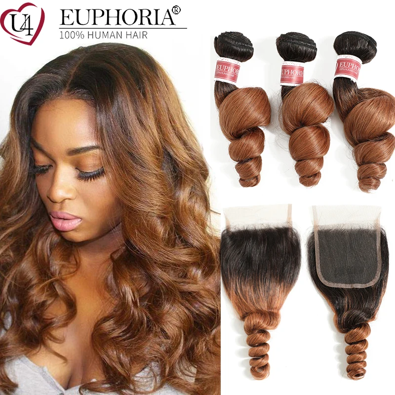 

Ombre Brown T1b/30 Loose Wave Brazilian Remy Human Hair 3 Bundles With Closure Bundles With 4x4 Lace Closure Two Tone Euphoria