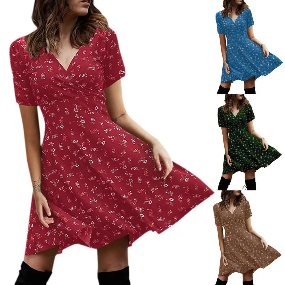 

V-Neck Short Sleeve Mini Dress Waist Tight Sweet Floral Print Women Dress Female Clothing