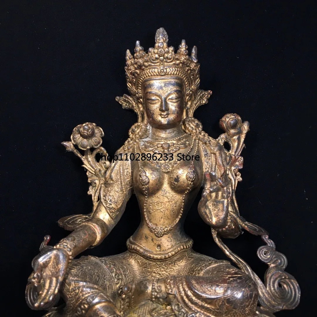 Тибетская латунь грязь золото киноварь окрашенная Гуаньинь зеленая Тара Будда