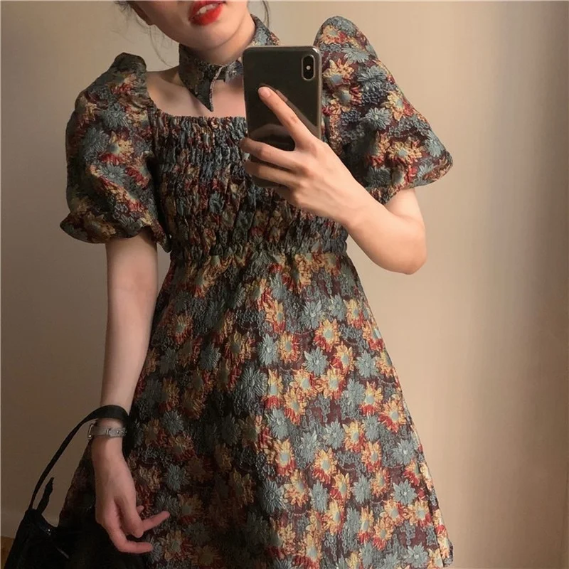 

2021 Vintage Floral Cottagecore Dress New Short Puff Sleeve Above Knee Dresses Women Summer Square Collor Waist Fashion Dress
