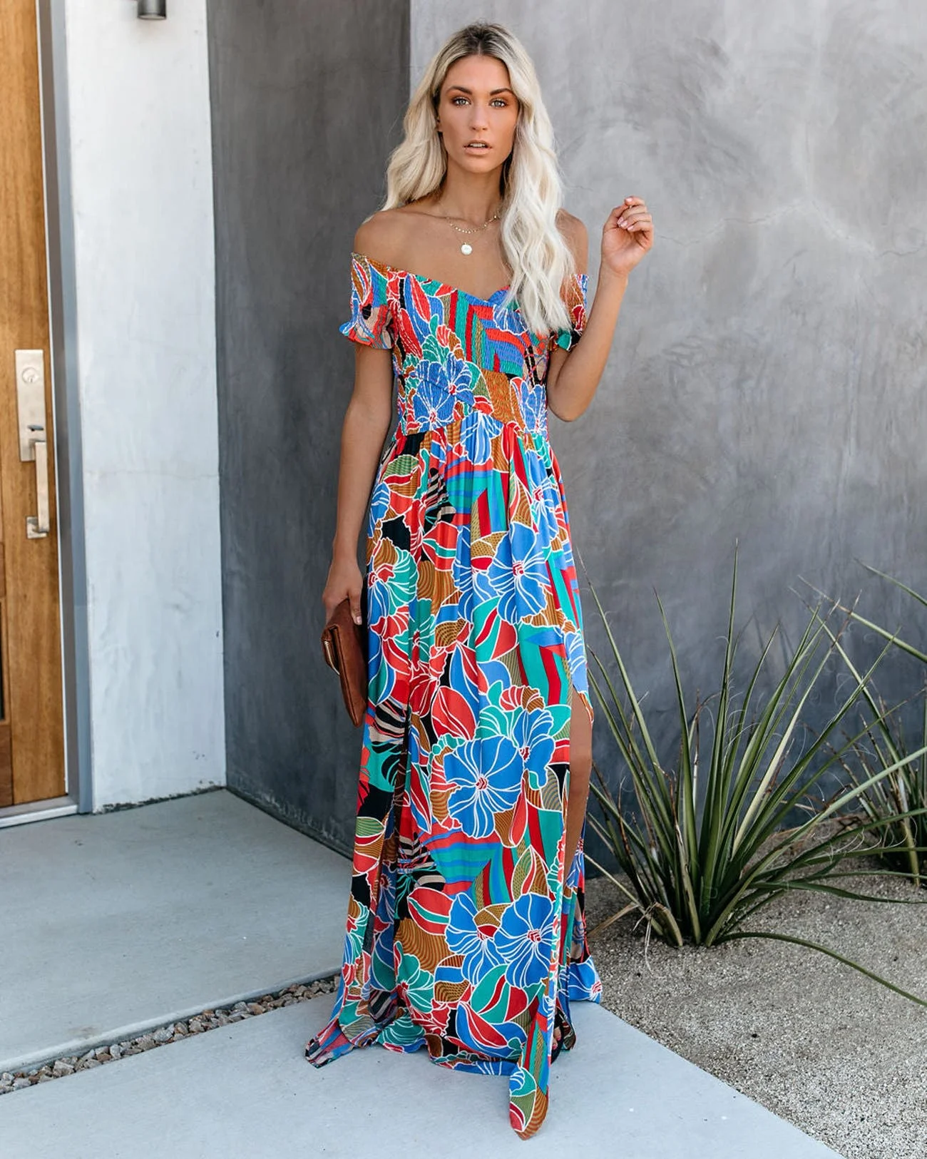 

Eleagne Off Shoulder Maxi Dress Women Summer Sexy Split Vacation Beach Boho Floral Dresses Long Vestidos 2022 Women's Clothing
