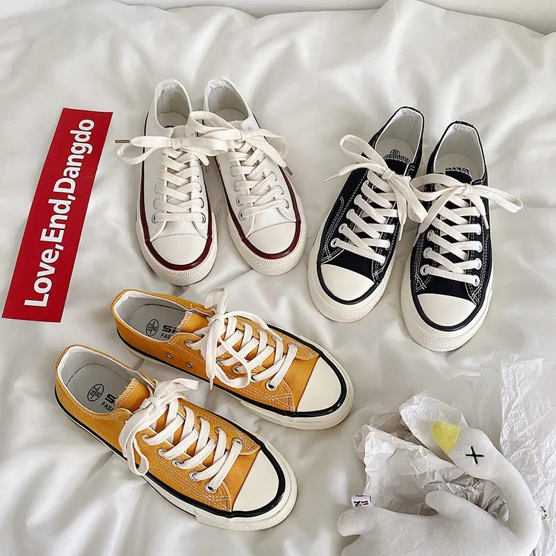 2023 Summer Women's Thick Sole Canvas Shoes Flat Bottomed Low Cut Small White Shoes Student Versatile Casual Black Sneakers