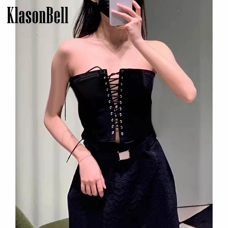 

5.21 KlasonBell Sexy Lace-Up Design Strapless Black Denim Tank Top Women