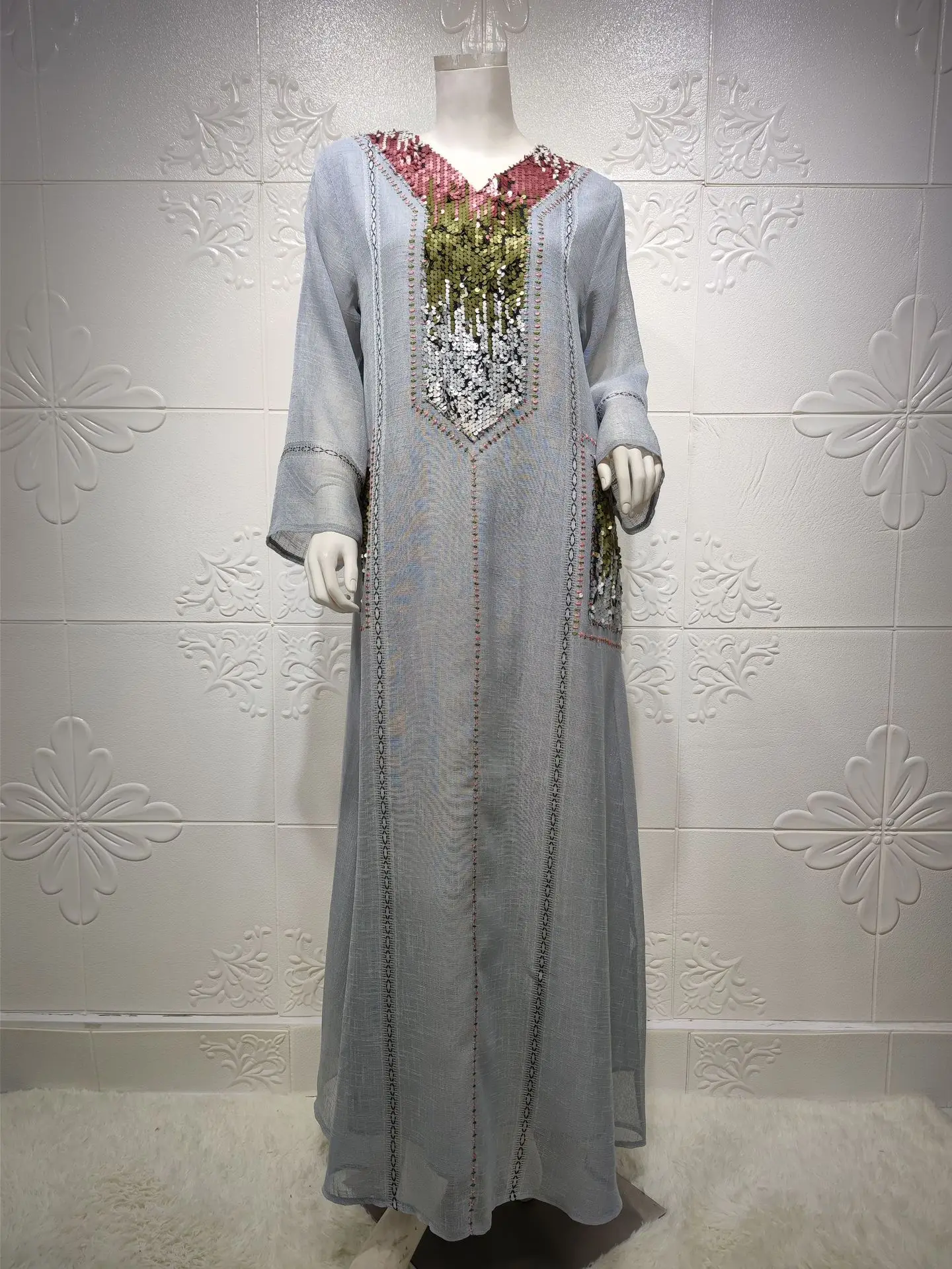 Jalabiya Dubai Bead Applique Sequin Embroidered Robe MuSLIM Muslim Women's Dress Women's Robe Abaya Dress