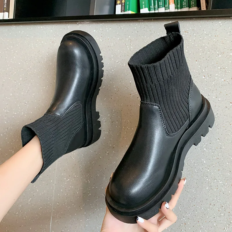 

Ботильоны женские, обувь без застежки, женская модная вязаная эластичная обувь с круглым носком, короткие сапоги на платформе и квадратном ...