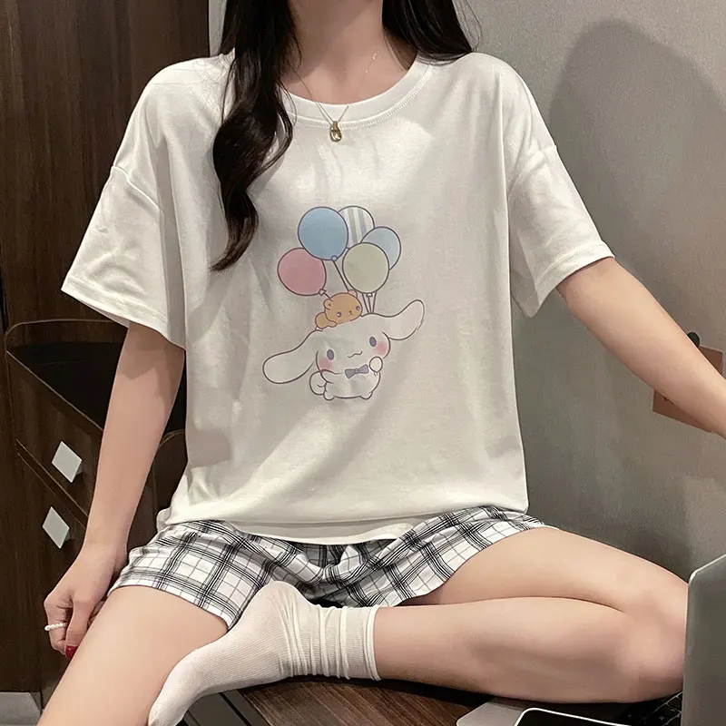 CAIYIER Summer Cotton Women Pajamas Set O-Neck Short Sleeve Shorts Leisure Nightwear Cute Cartoon Print Korean Girls Nightwear