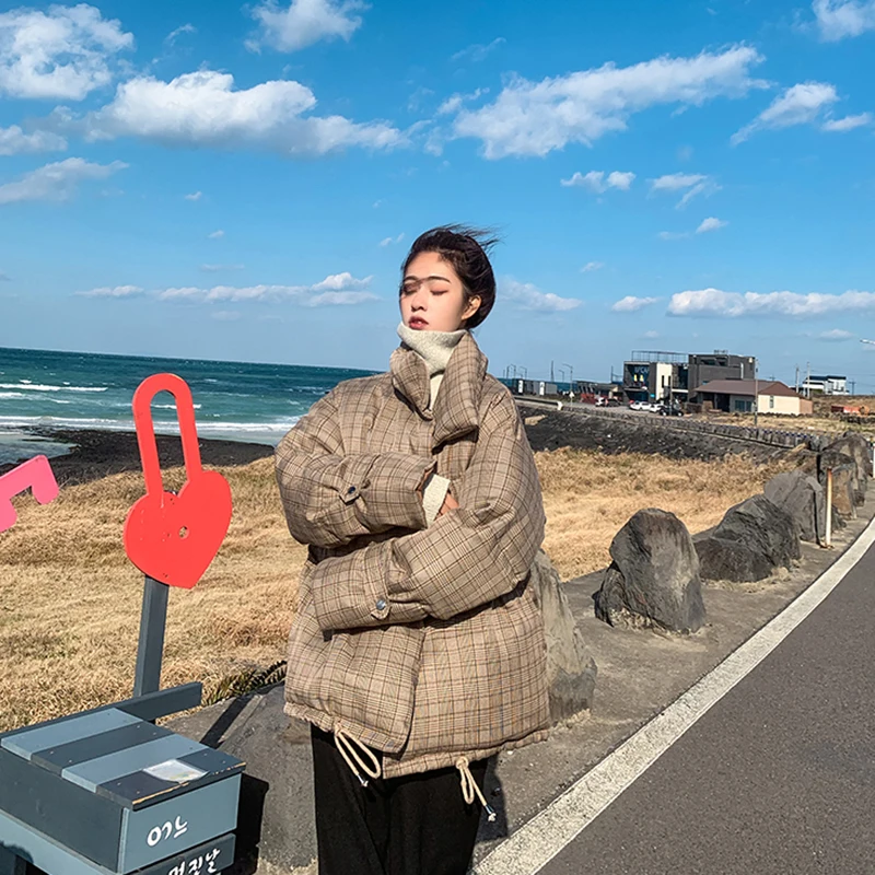 Down Cotton Overcoat Female Short Paragraph Lattice Tide 2021 New Korean Style Loose Bread Clothes Thick Winter Jackets Coats
