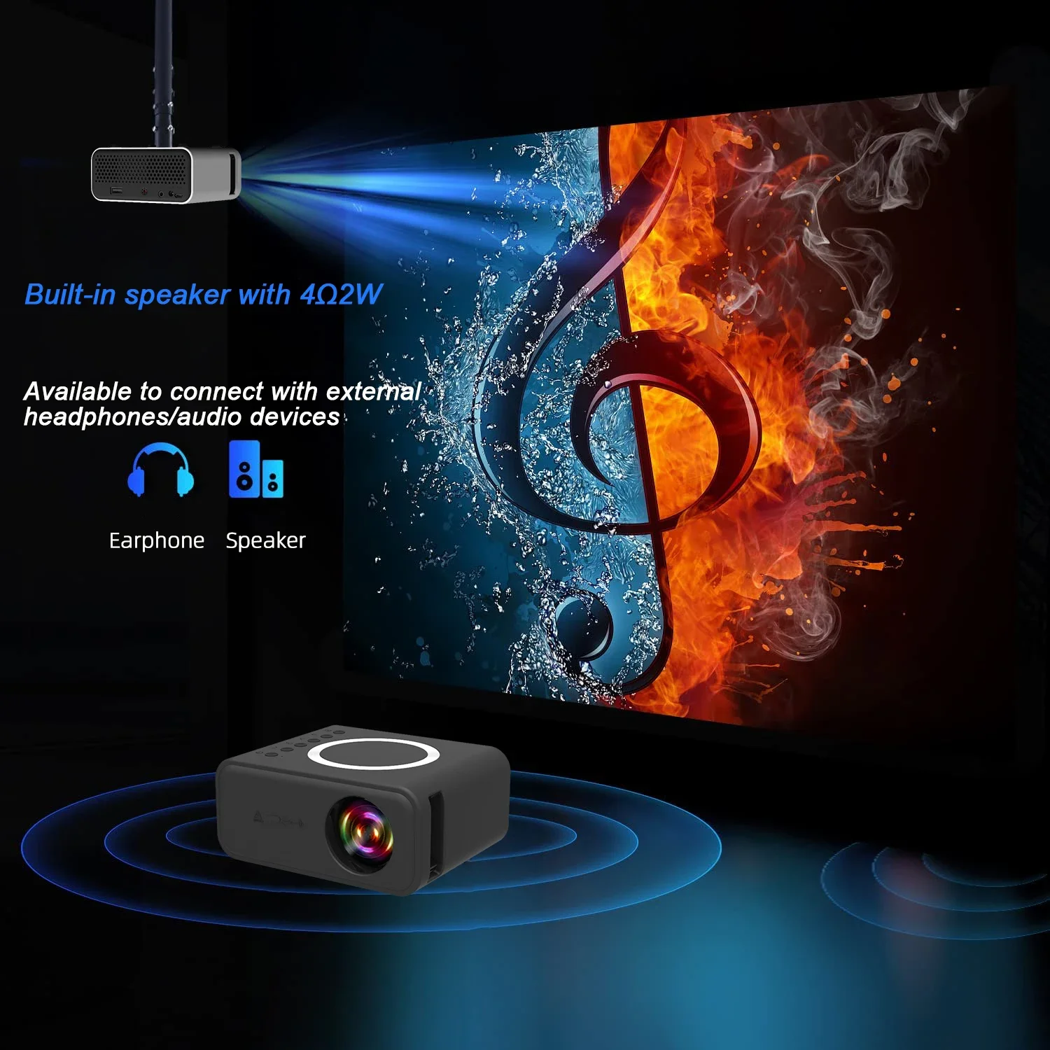 Фото YT300 LED-совместимый портативный мини-проектор для улицы с поддержкой Android и IOS, встроенными динамиками и аудиоразъемом. №5