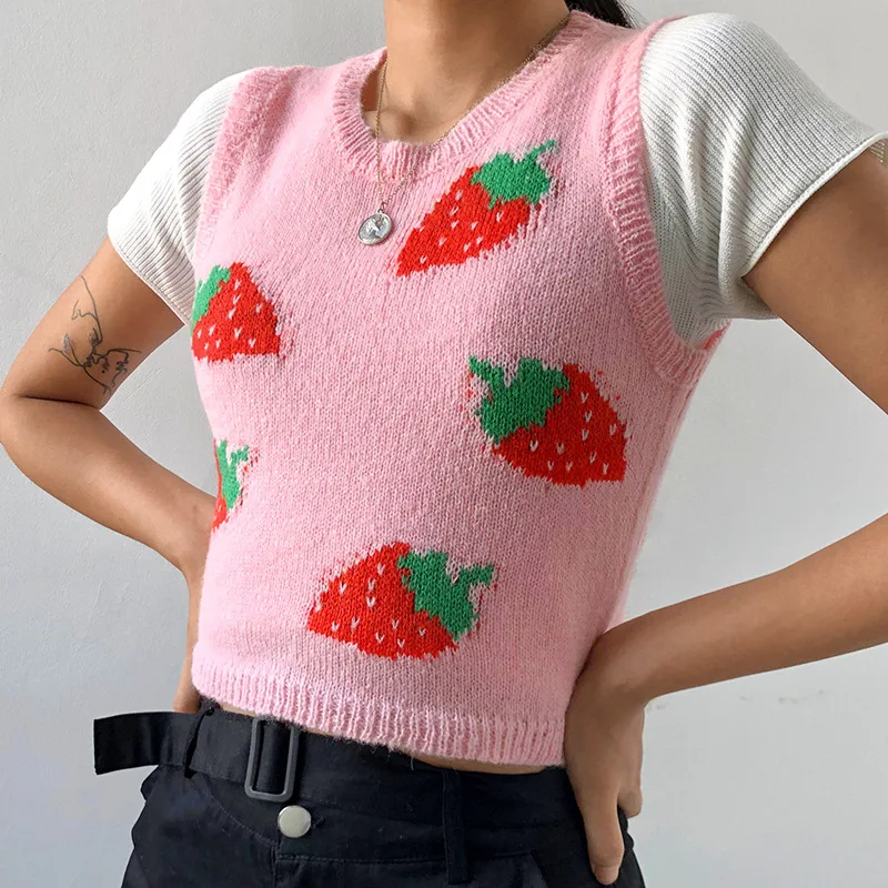 

Autumn New Style Fresh Strawberry Embroidered Slim Slimming Ultra-short Umbilical Wool Knitted Vest Sling