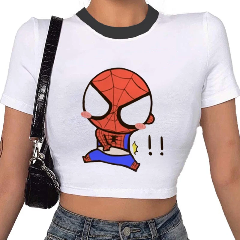 Disney Spiderman Kawaii Print T-shirt Women Harajuku Aesthetics White Tops Tshirt Tee 2022 New Summer Fahsion Y2k Female T Shirt images - 6