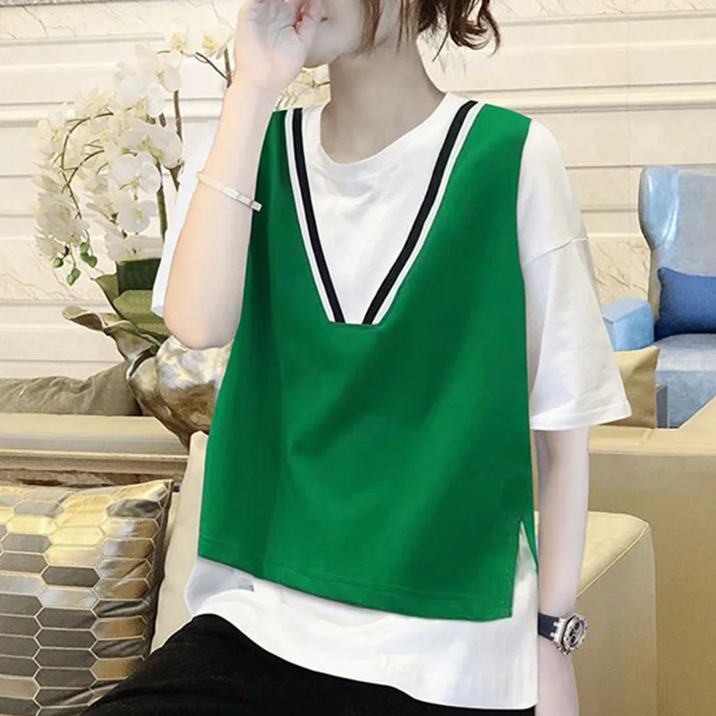 

Fashion Loose Spliced Fake Two Pieces Blouse Women's Clothing 2023 Summer New Casual Pullovers Short Sleeve Commute Shirt