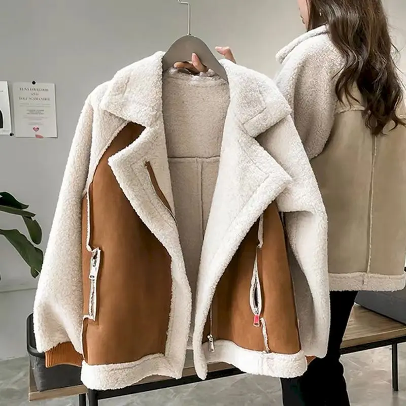 Women 2023 Thicken Warm Lamb Wool Coat Fashion Design Loose Deer Fur Jacket Motorcycle Clothes Tops