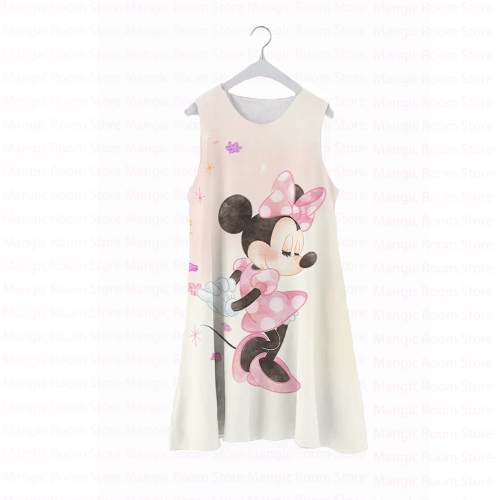 

Disney Minnie Girls Round Neck Print Casual Cute Sleeveless Dress Sleeve Round Neck Cartoon Casual Top Loose Skirt