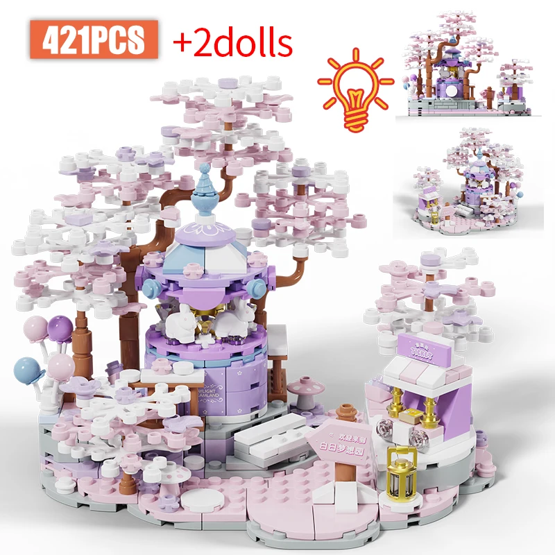 

421 Pcs City Friend Rotating Sakura Tree Home Music Box Building Blocks Furnishings Figures with Light Bricks Toys For Children
