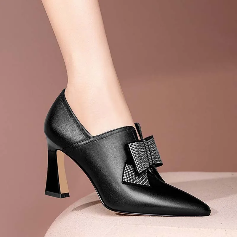 

Современные рабочие туфли черного цвета, новинка 2023 года, одиночные туфли на толстом каблуке со средним каблуком, женская обувь на высоком каблуке, весна-осень, обувь из натуральной кожи