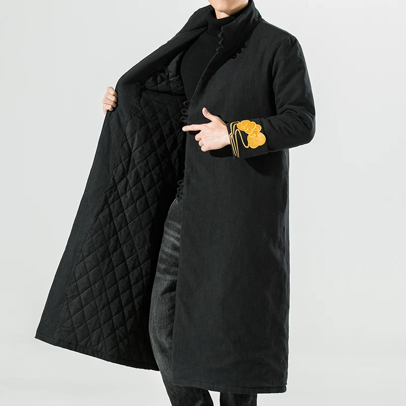 

2022 New Winter Warm Cotton and Linen Long Parka Men's Chinese Embroidery Thickened Coat Harajuku Windbreaker Men's Top