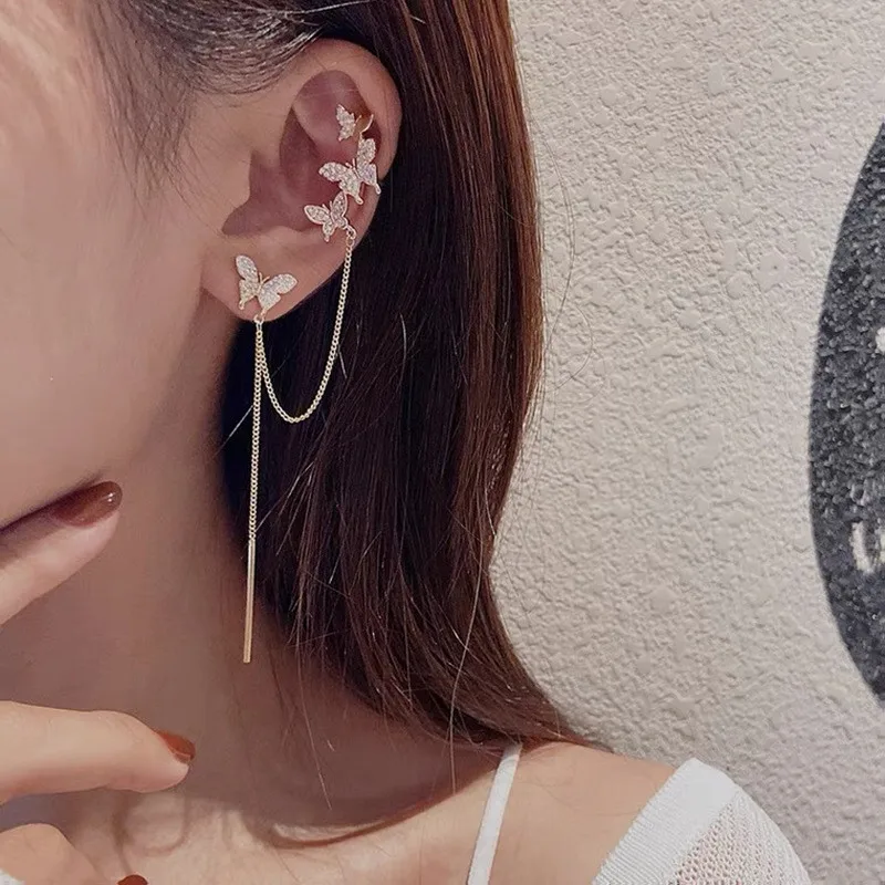 

New Korean Luxury Fashion Asymmetrical Tassel Butterfly Stud Earrings for Women Girl Personality Ear Cuff Jewelry Gift