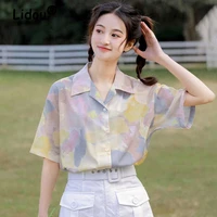 2022 spring summer design sense niche tie dye suit collar short sleeved shirt women loose hong kong retro chic sunscreen blouse