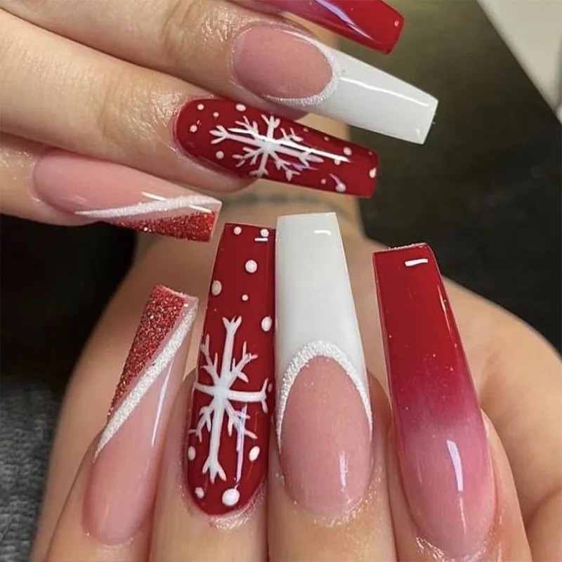 

3D Christmas fake nails set press on faux ongles long french coffin tips white red snow flakes desgins DIY manicure decoration