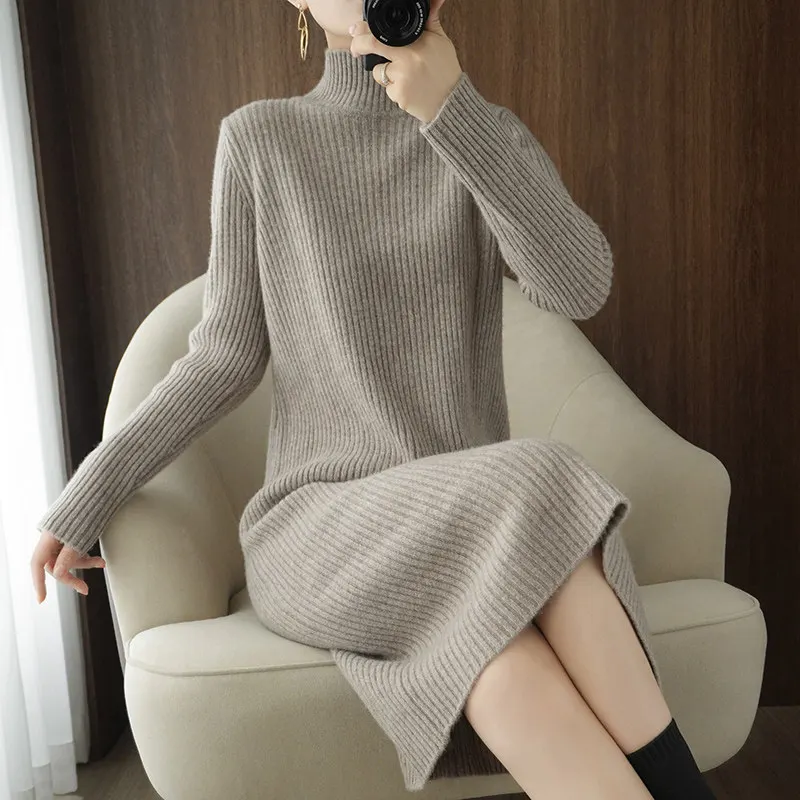 

Elegant and Fashionable Knitting One-piece Dress with Half High Collar and Slim Long Sleeve Dress