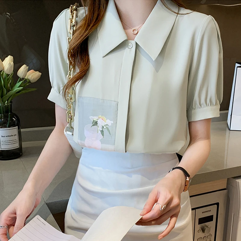 

Printed short-sleeved shirt women summer new thin solid color design French temperament blouse women 012g,401-3